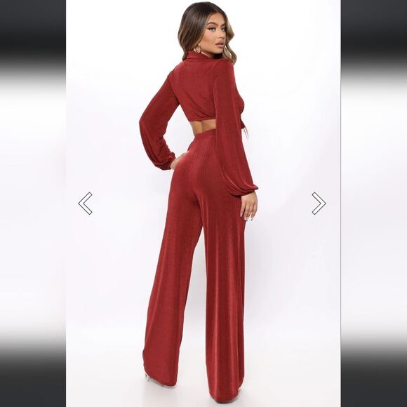 Fashion Nova Hello Lover Slinky Pant Set Cord Brick Red Maroon Ribbed XL - Picture 12 of 12